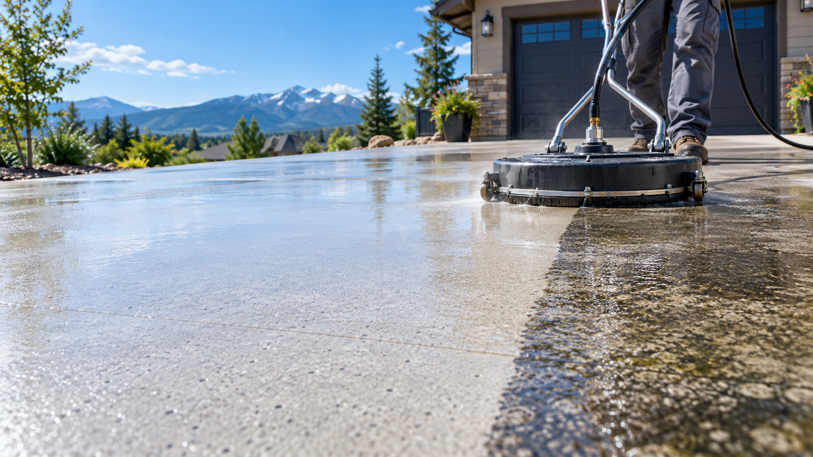 Concrete driveway in Boulder County before and after surface cleaning