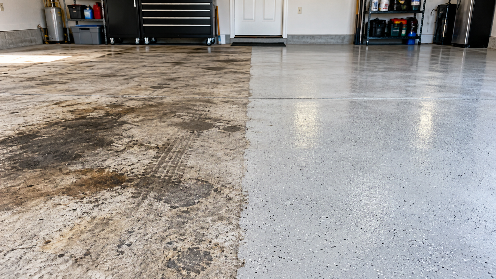 Garage floor with oil stains being cleaned in Colorado