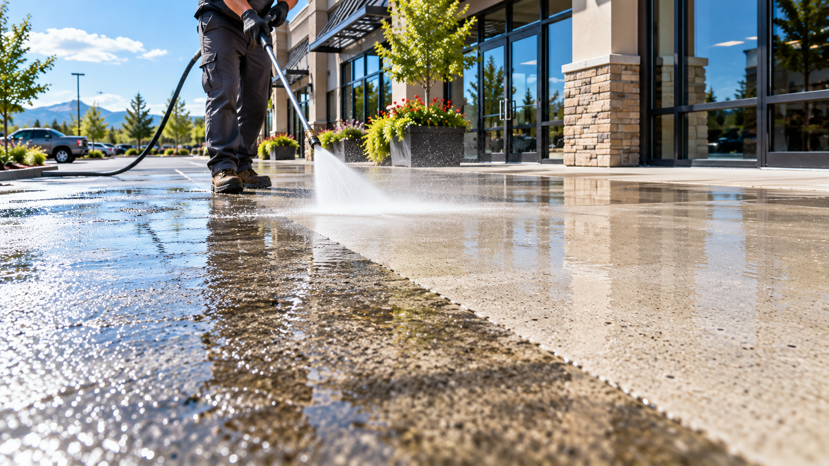 Commercial sidewalk pressure washing outside a storefront