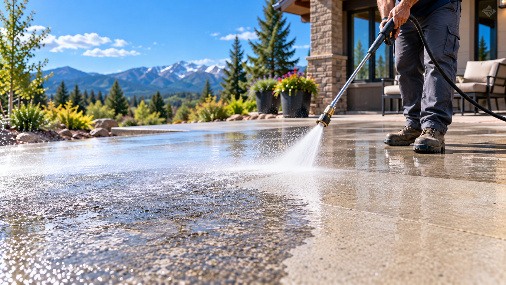 Technician pressure washing a concrete patio in Jefferson County